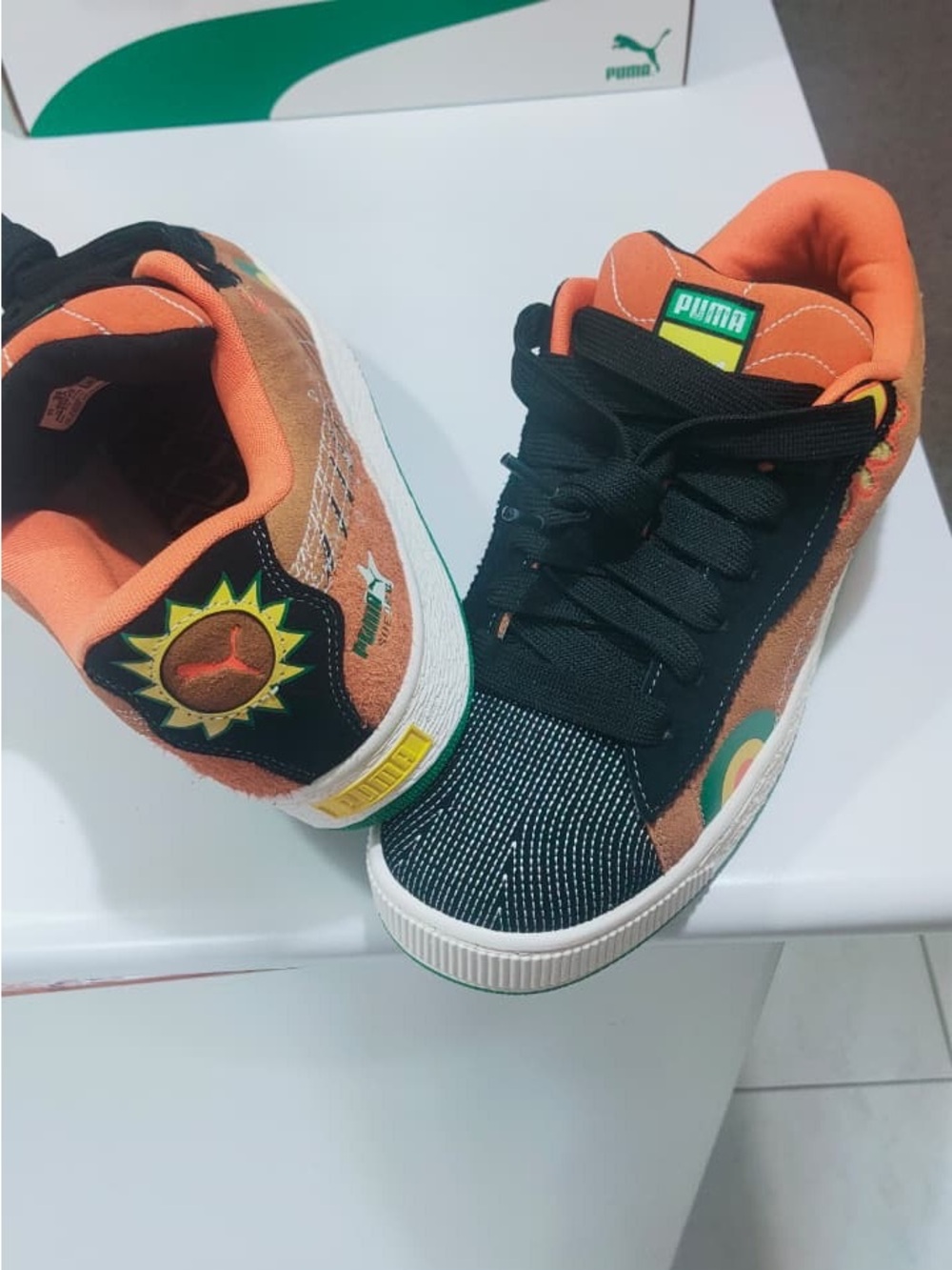 Puma Orange Suede Sneakers with Green Sole and Black Accents
